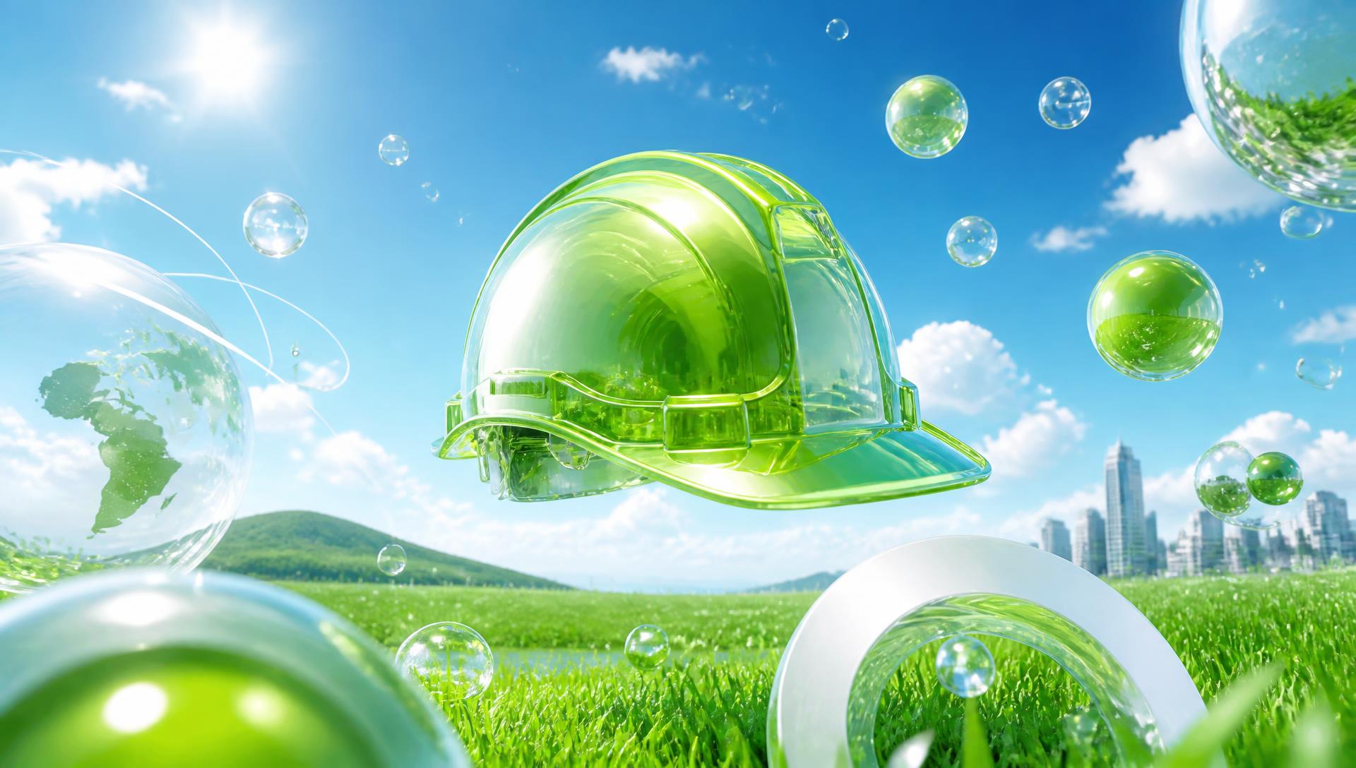 Capacete de segurança translúcido verde-lima flutuando sobre um campo ensolarado